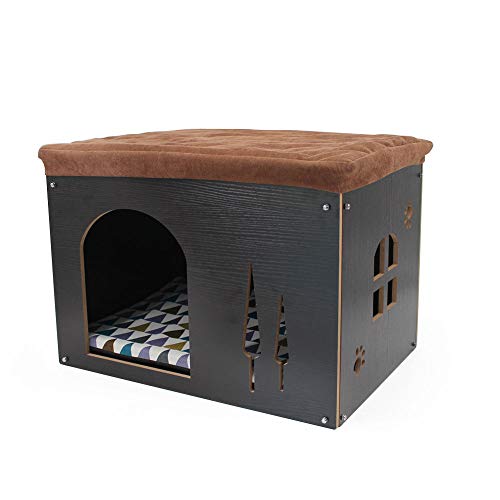 Foldable Wood Cat Cave House | 3-in-1 Pet Stool Ottoman