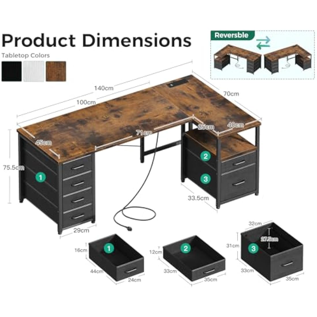 L-Shaped Computer Desk with Drawers and Power Outlet