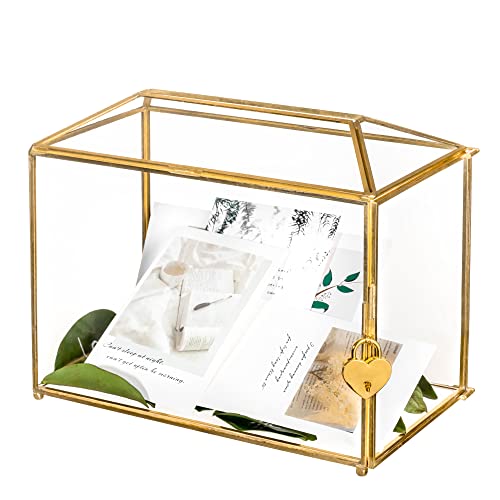 Gold Glass Wedding Card Box – Geometric Keepsake with Lock