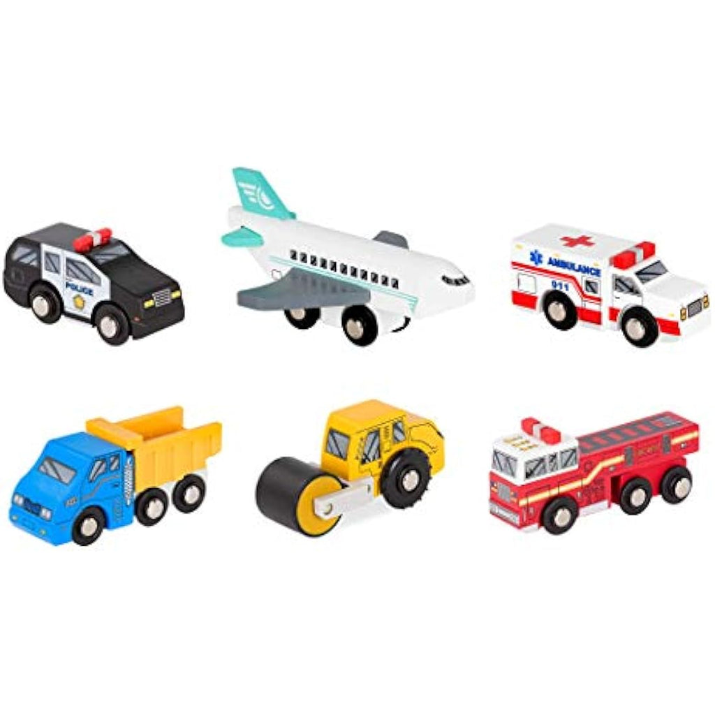 Battat Wooden Toy Cars Set – 6 Piece Rescue & Construction Vehicles