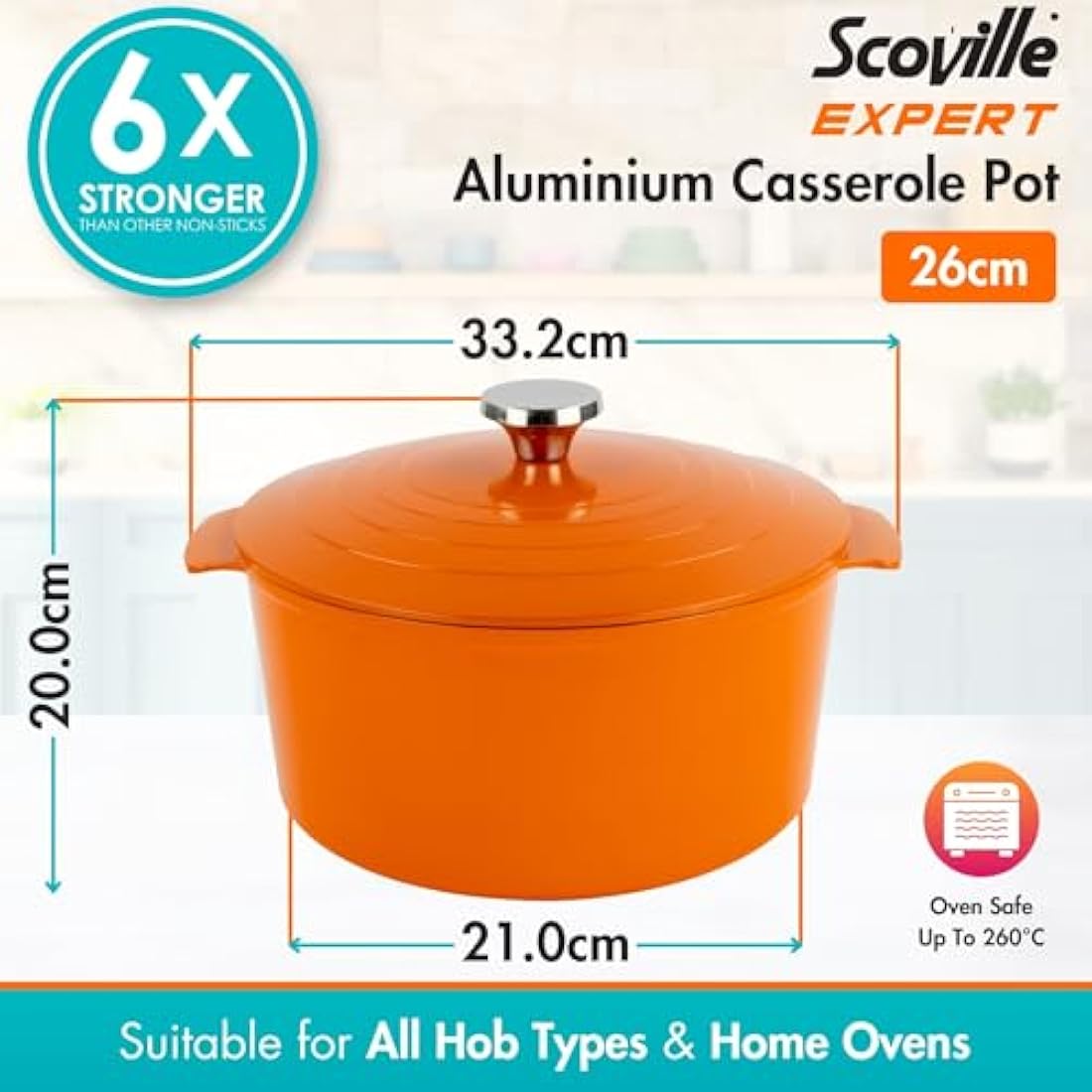 Scoville Neverstick+ 26cm Round Casserole Pot | 6.5L Non-Stick Orange