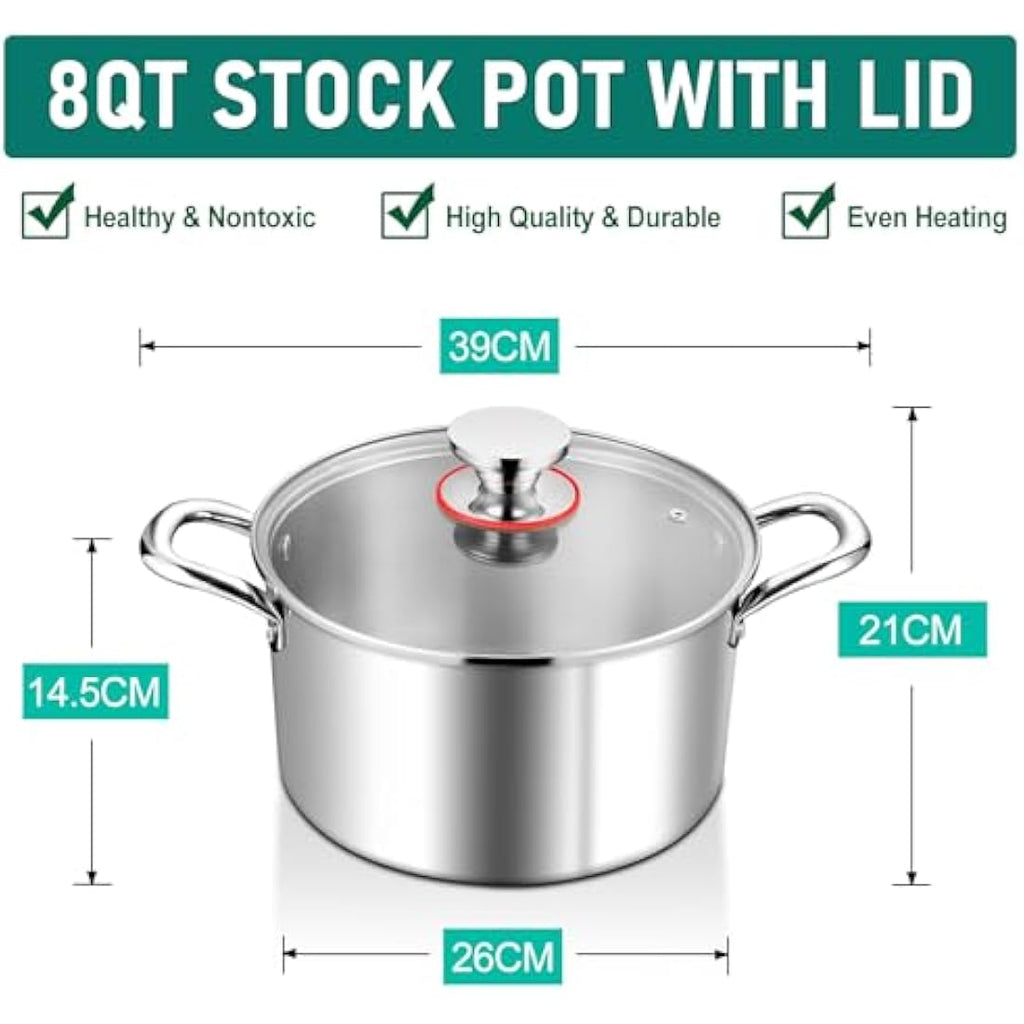 HaWare 7.7L Tri-Ply Stainless Steel Stockpot with Glass Lid