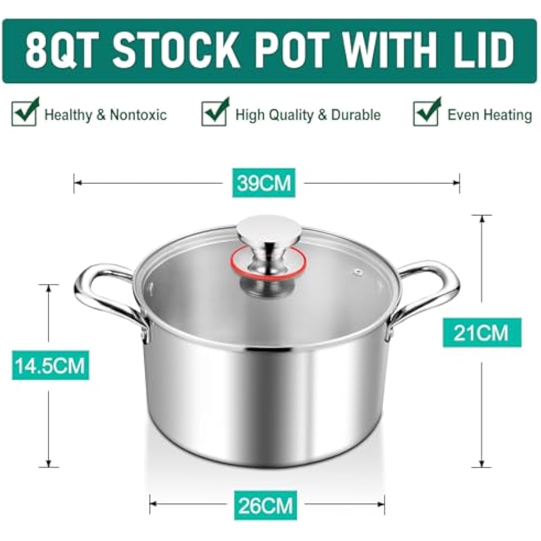 HaWare 7.7L Tri-Ply Stainless Steel Stockpot with Glass Lid