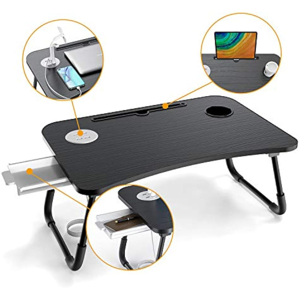 Laptop Bed Tray with USB Ports, Cup Holder & Fan – 23.6 Inch