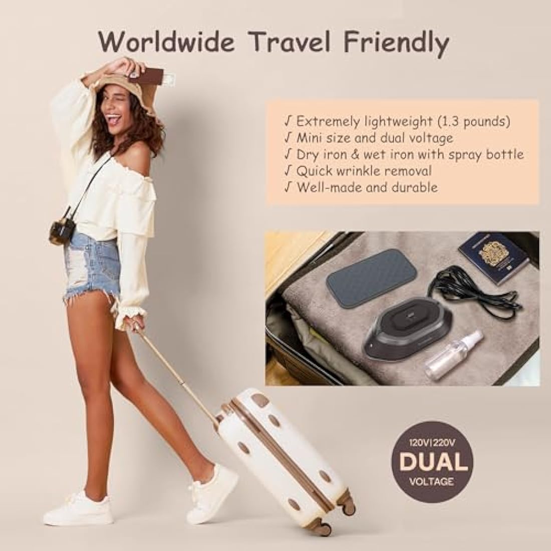 Newbealer Mini Travel Iron – Dual Voltage Compact Iron for Quilting, Brown
