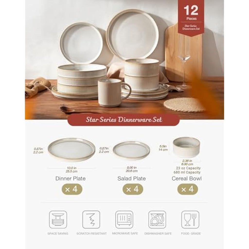 Richmount 12-Piece Stoneware Dinnerware Set, Reactive Glaze White