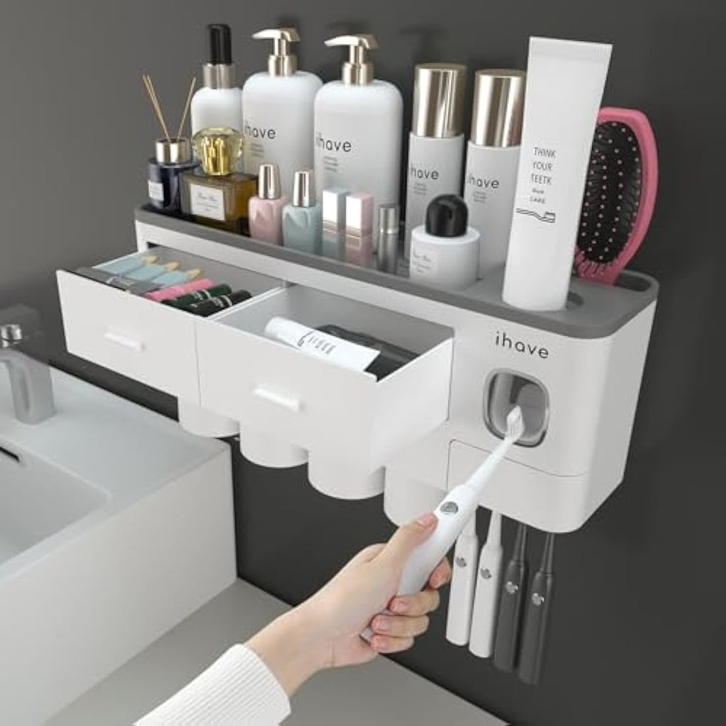 iHave Wall Mounted Toothbrush Holder with 4 Cups & Toothpaste Dispenser