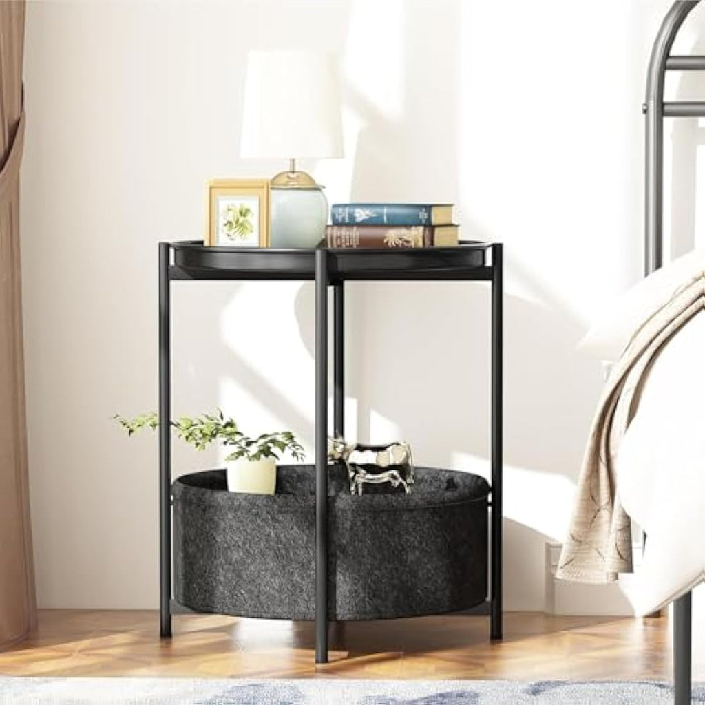 Jolof Store Round Side Table – Metal End Table with Storage Basket