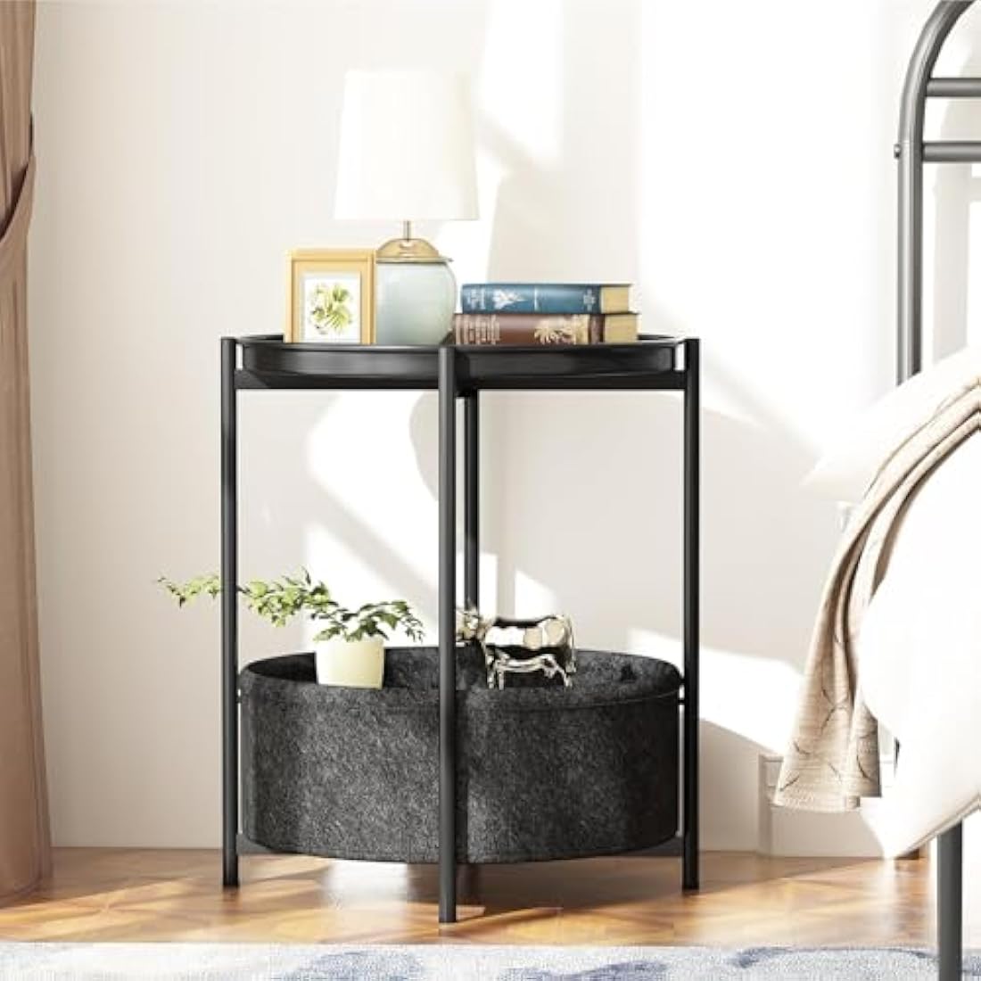 Jolof Store Round Side Table – Metal End Table with Storage Basket