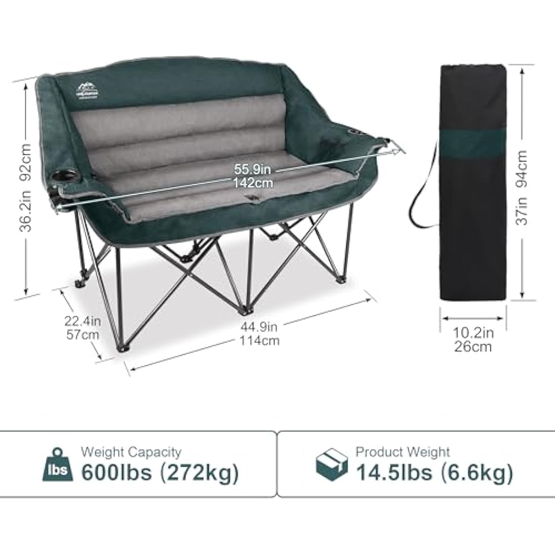 LANMOUNTAIN Double Camping Chair – Heavy Duty Padded Folding Loveseat