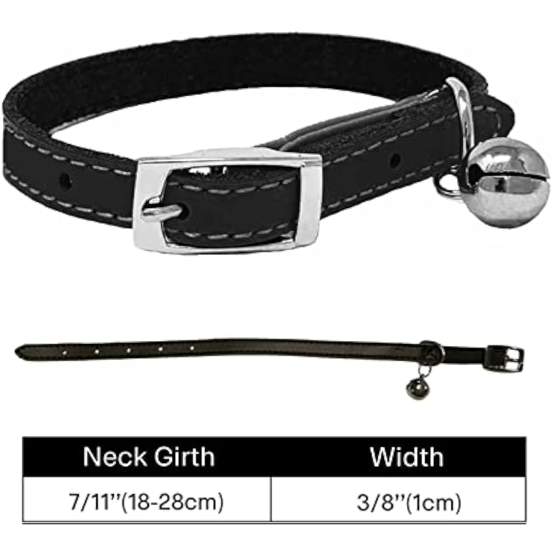 Leather Cat Collar | Safety Elastic & Bell - Black