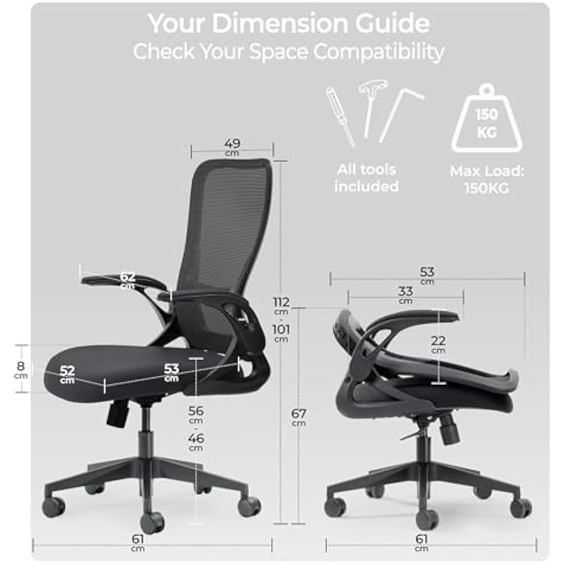 Tervo Model U – Foldable Ergonomic Mesh Office Chair with Flip-Up Arms