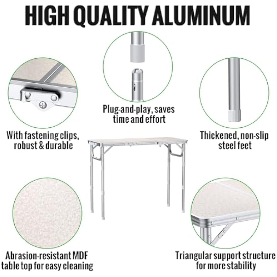 GARLLEN Folding Camping Table | 3-Height Adjustable Aluminum Picnic Table