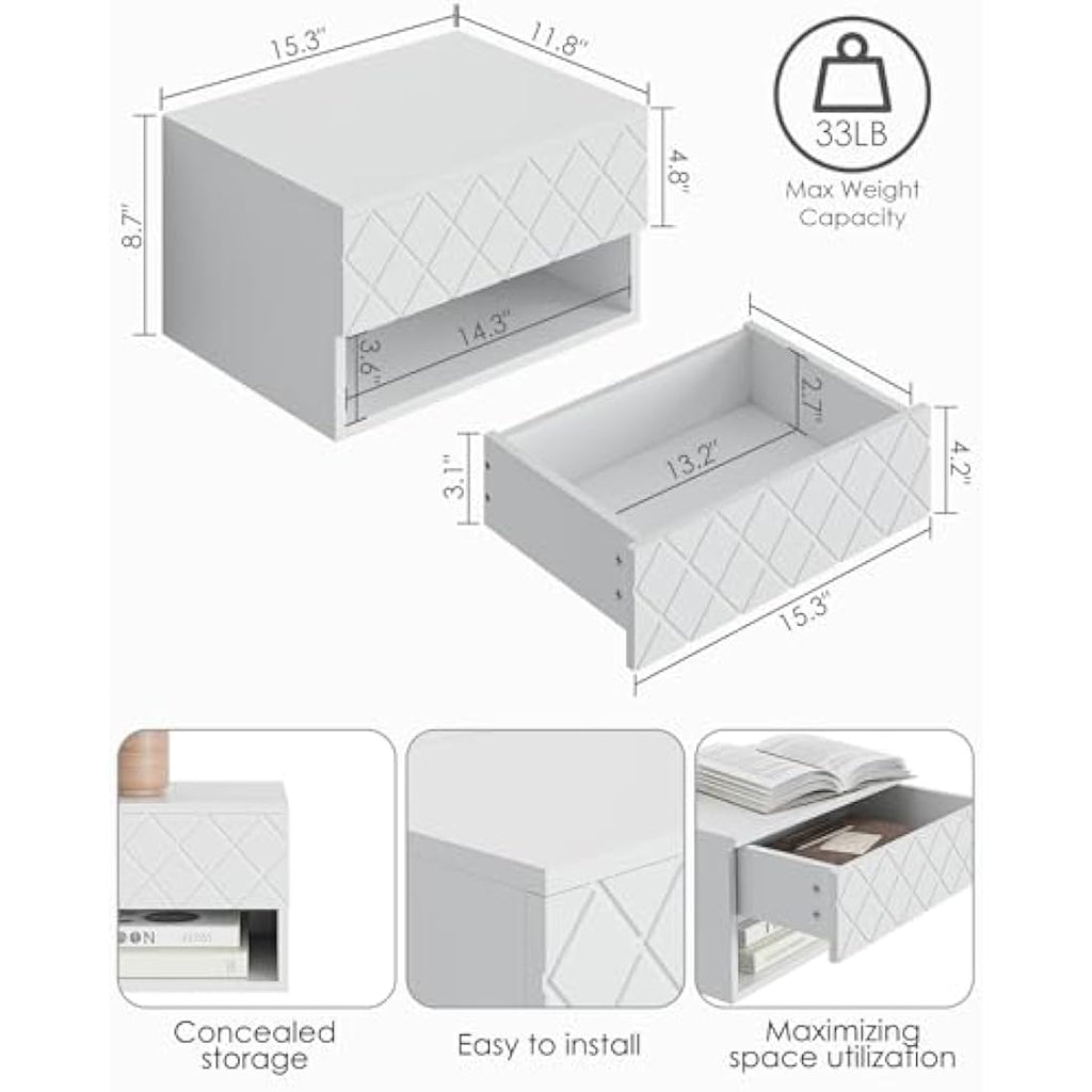 HEYZOEY Floating Nightstand - Modern Wall Mounted Bedside Table, White