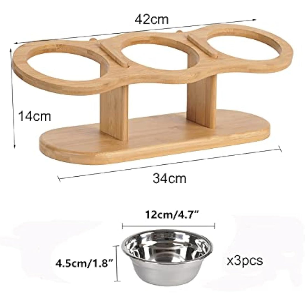 Raised Cat Feeding Station – 3 Stainless Steel Bowls & Bamboo