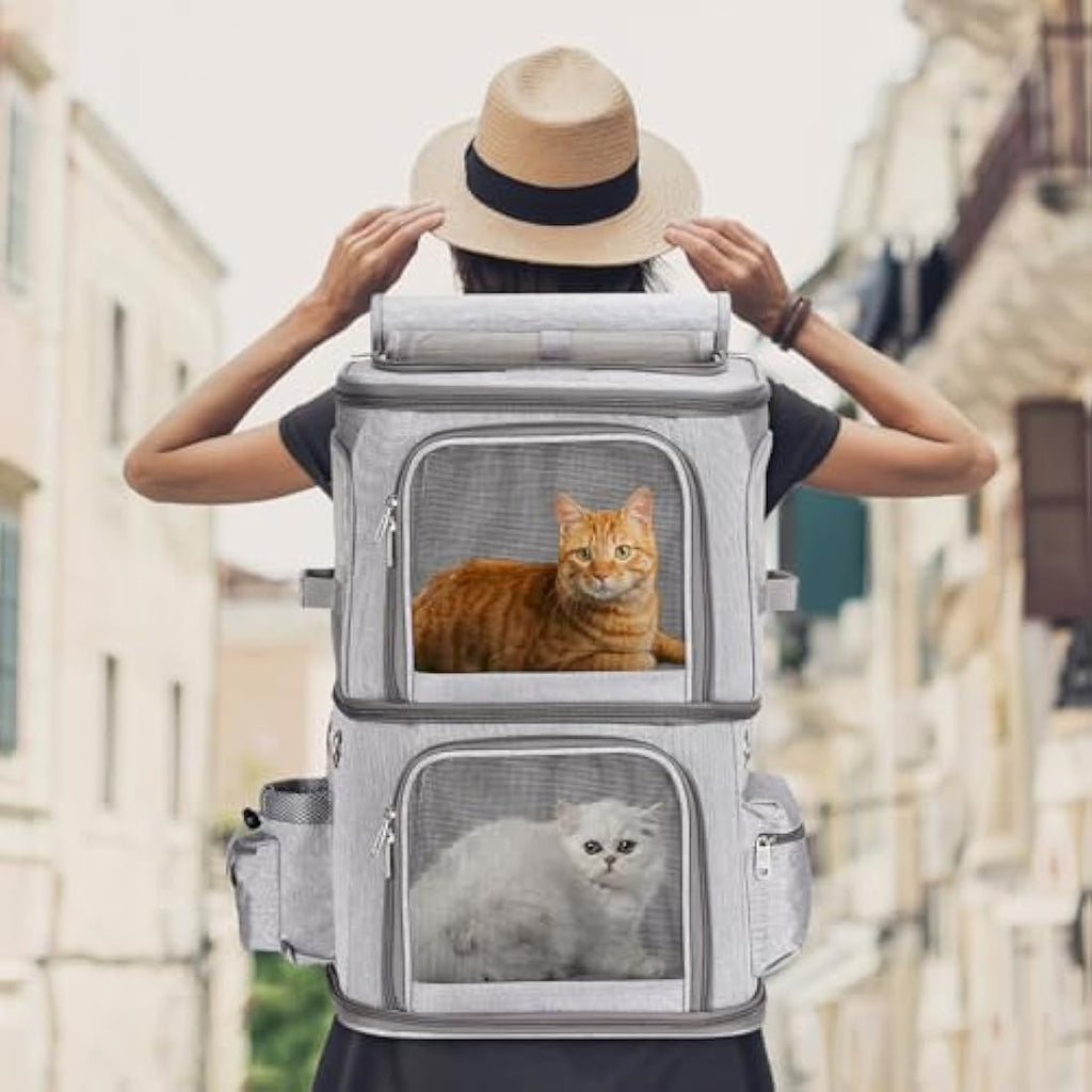 FASNATI Dual Compartment Pet Carrier Backpack for 2 Cats or Dogs - Grey, XL