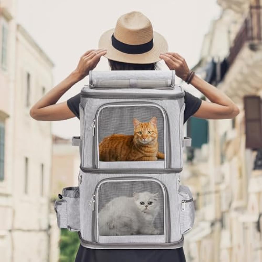FASNATI Dual Compartment Pet Carrier Backpack for 2 Cats or Dogs - Grey, XL