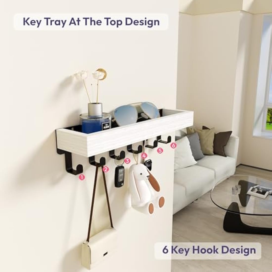 Wall Mounted Key Holder with Wood Tray and 6 Hooks