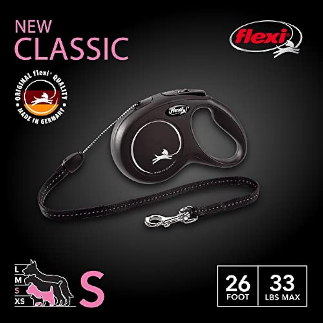 Flexi New Classic Retractable Cord Dog Leash - Small, 26ft, Black