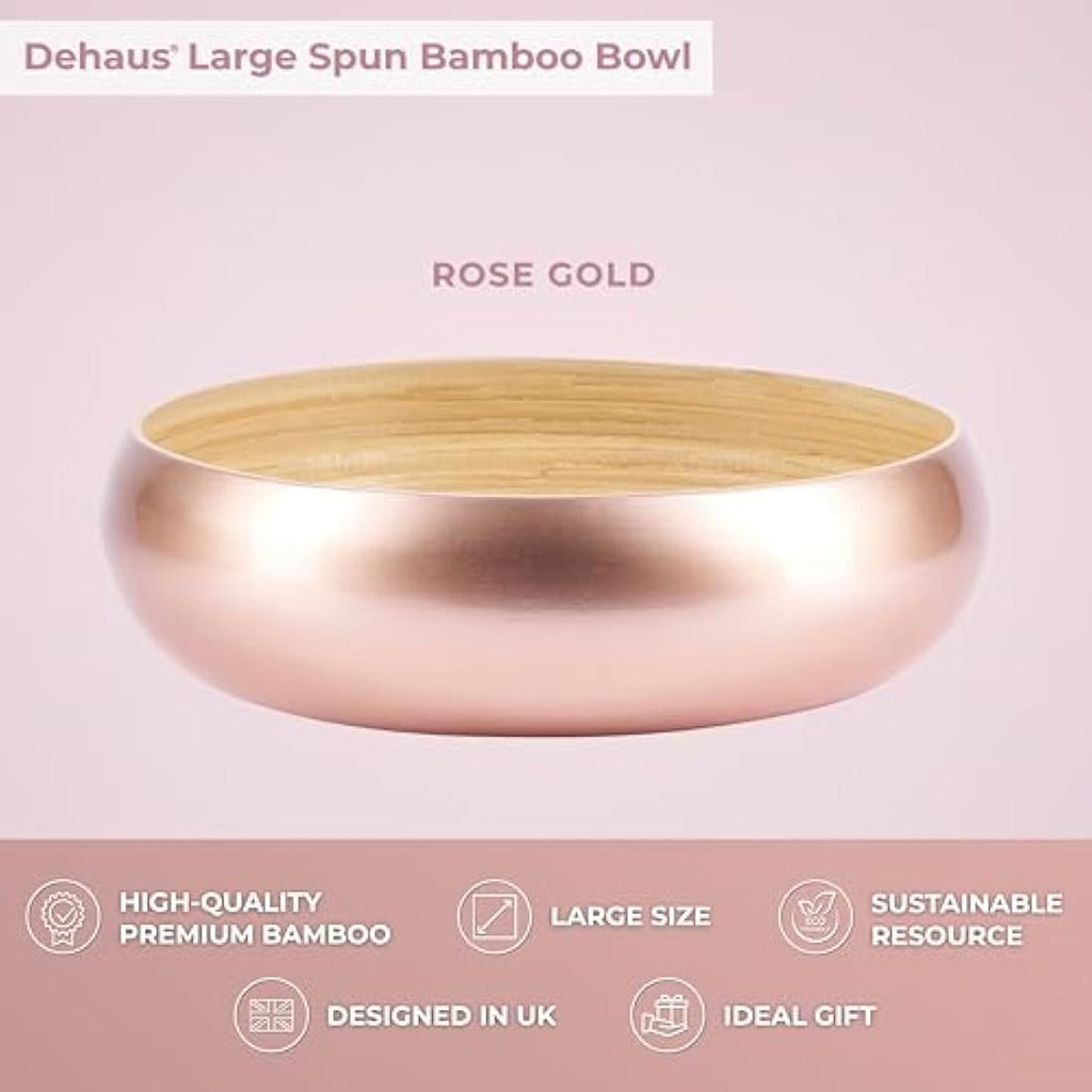 Dehaus Large Bamboo Fruit Bowl – 30cm Rose Gold Wooden Serving Bowl