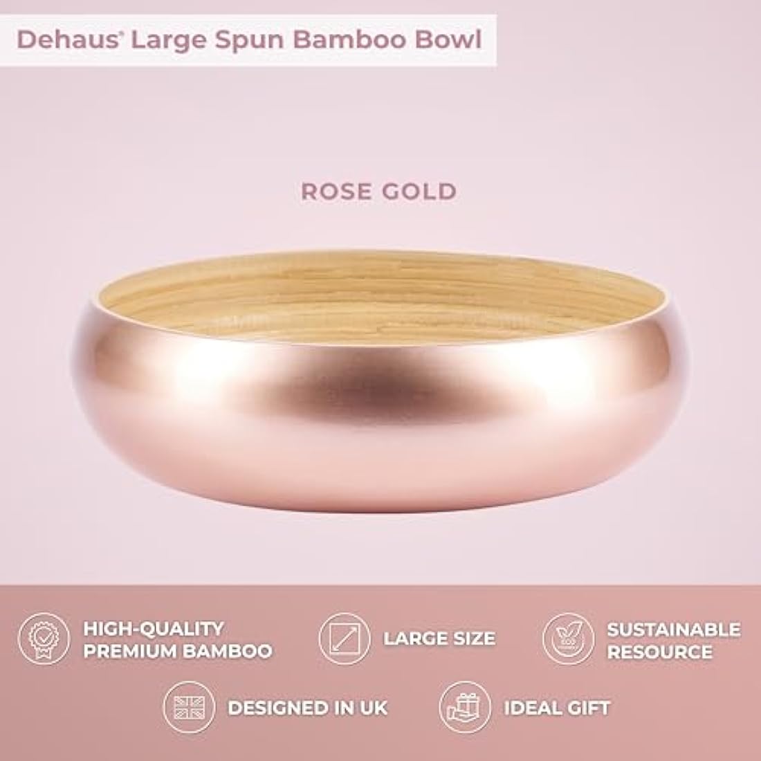 Dehaus Large Bamboo Fruit Bowl – 30cm Rose Gold Wooden Serving Bowl