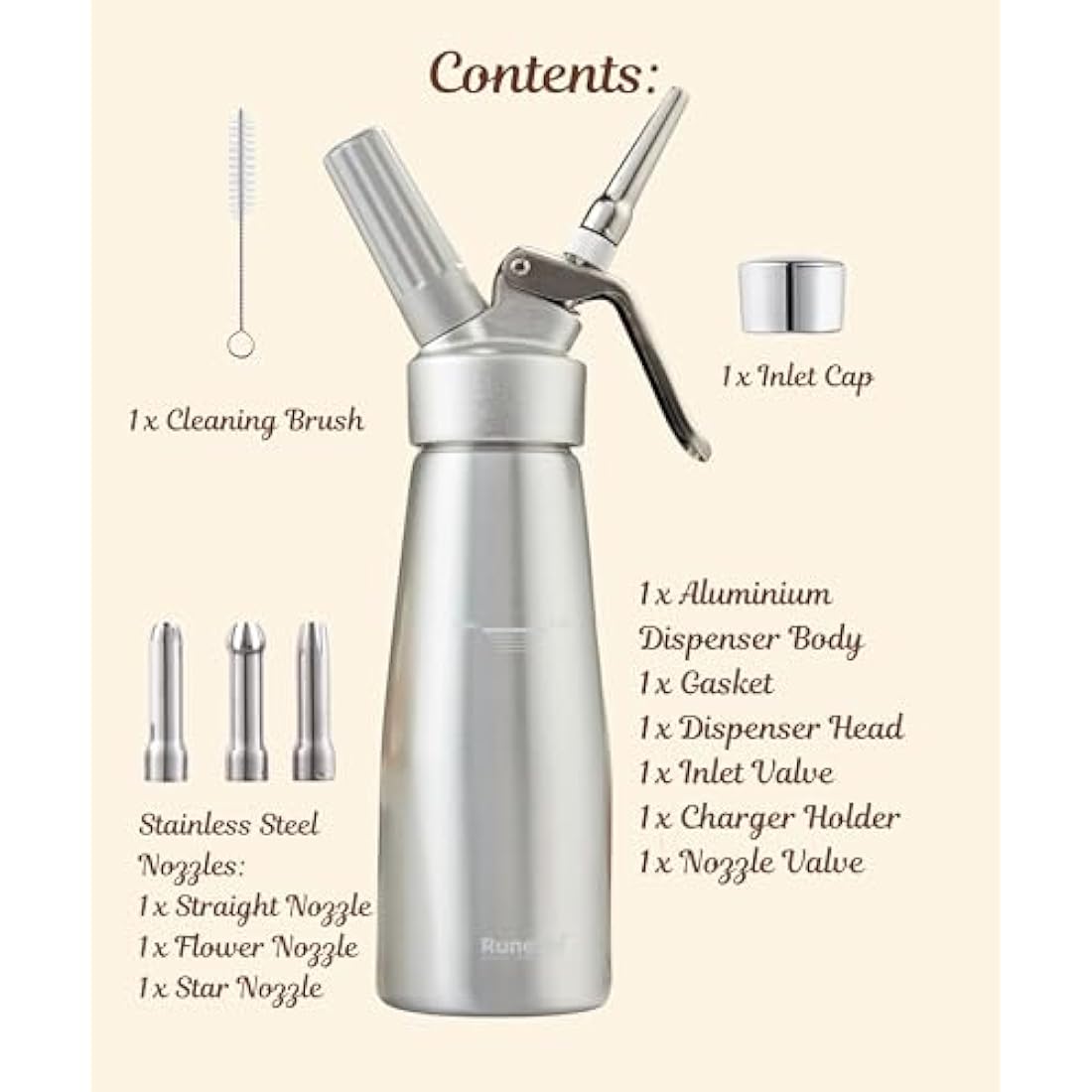 Runesol 500ml Aluminium Whipped Cream Dispenser with 3 Stainless Nozzles