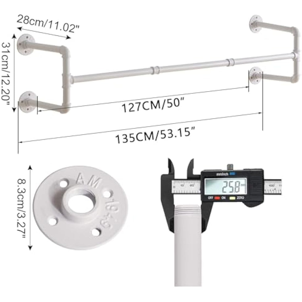 IBUYKE 50" Industrial Wall Mounted Coat Rack - Heavy Duty Iron White