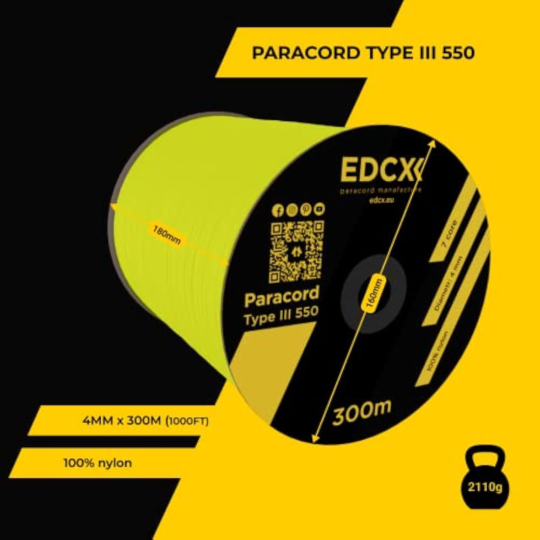 EDCX 550 Paracord – 4mm 7-Strand Nylon Rope for Camping and DIY, 15m