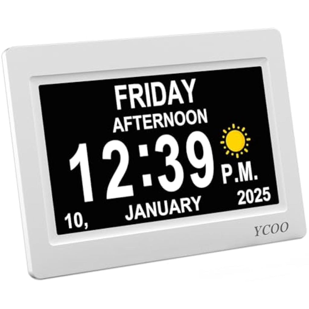 YCOO 7 Inch Digital Dementia Clock | Large Display Memory Aid - White