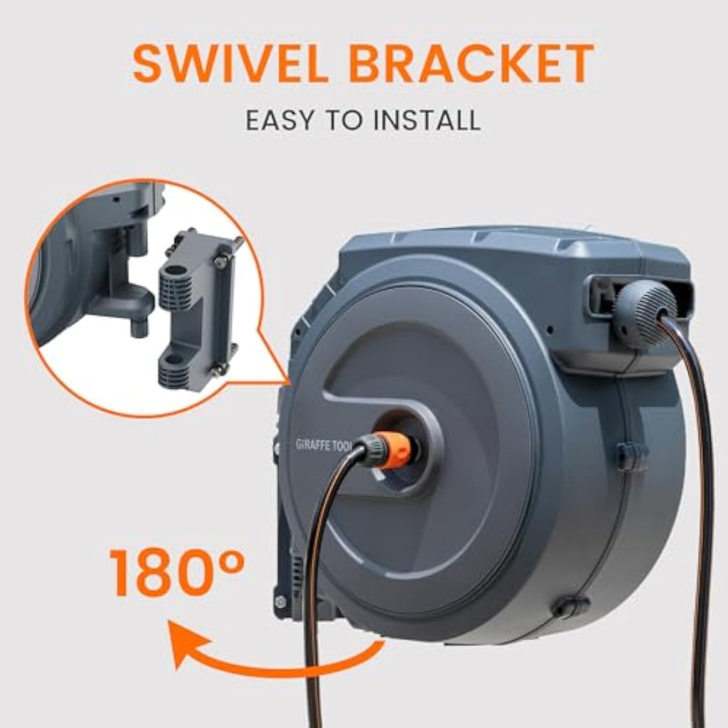 Giraffe Tools Retractable Garden Hose Reel | 35m Wall Mounted – Grey