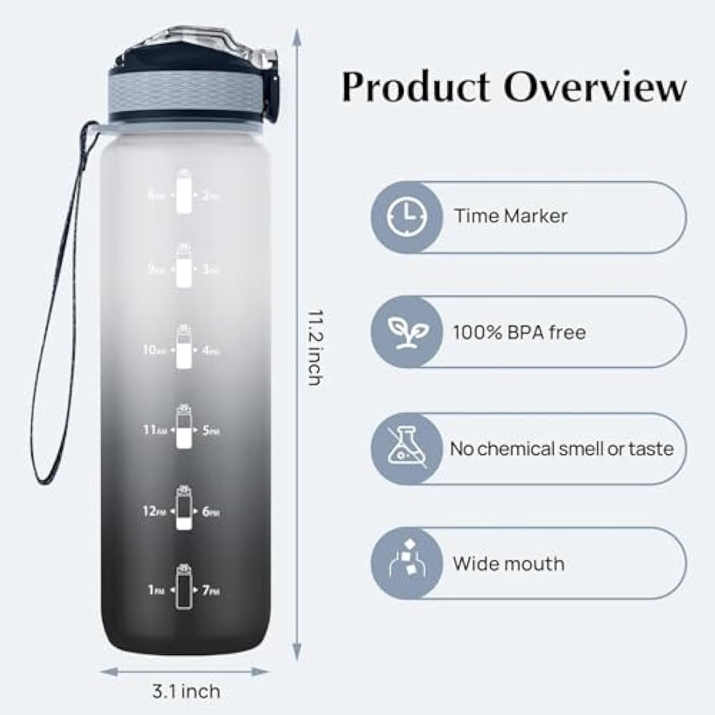 Jolof Store 1L Sports Water Bottle | Tritan BPA Free with Time Marker