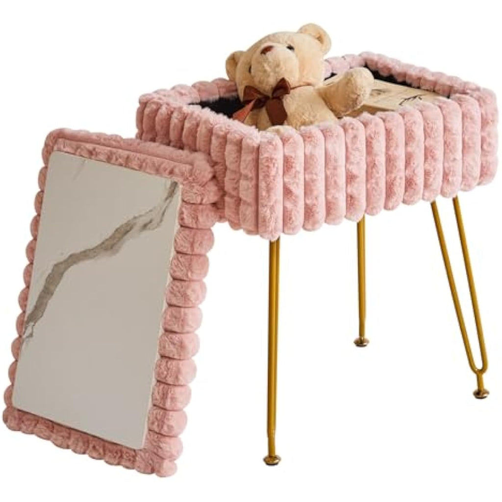 IBUYKE Vanity Chair with Storage - Pink Grid Ottoman Footstool