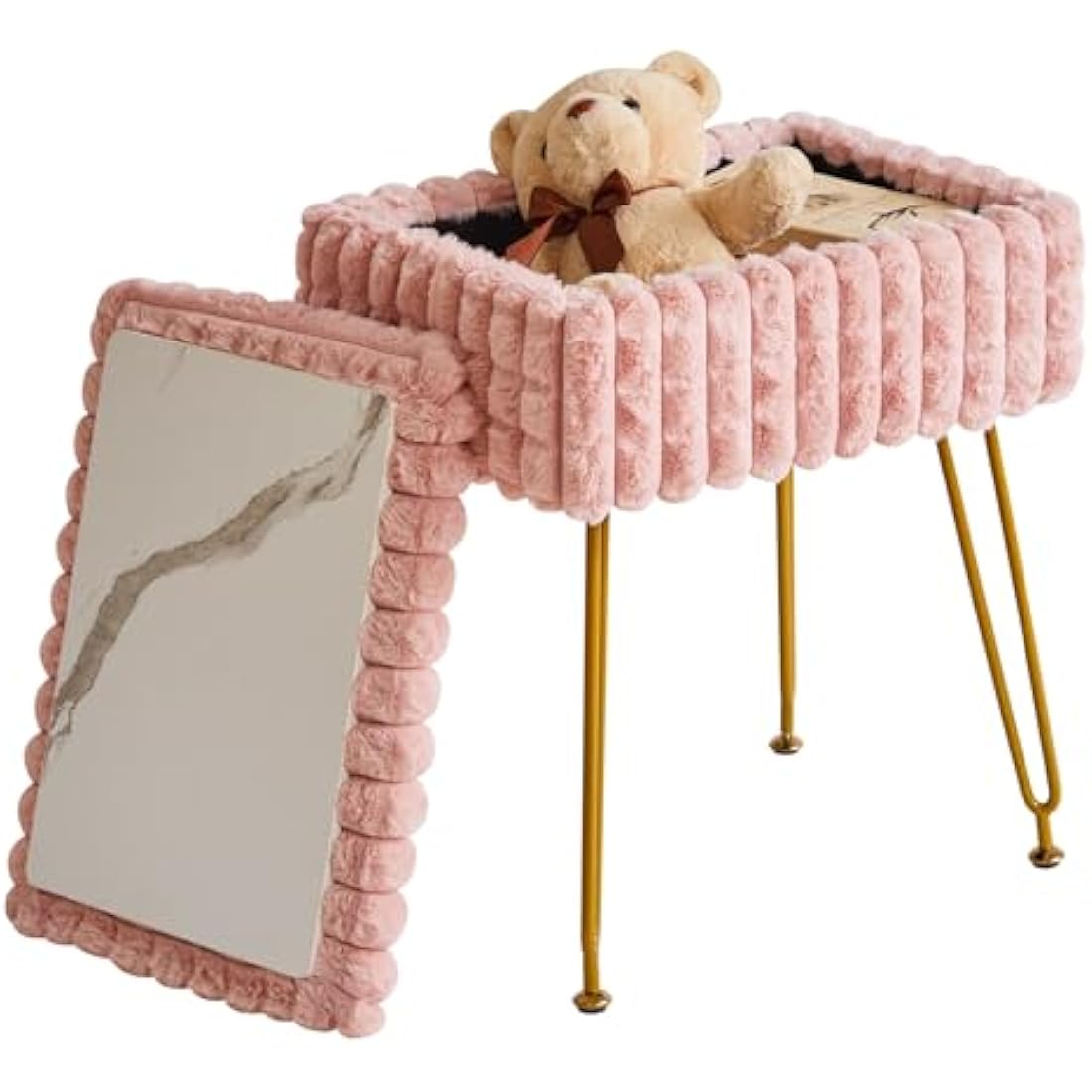 IBUYKE Vanity Chair with Storage - Pink Grid Ottoman Footstool