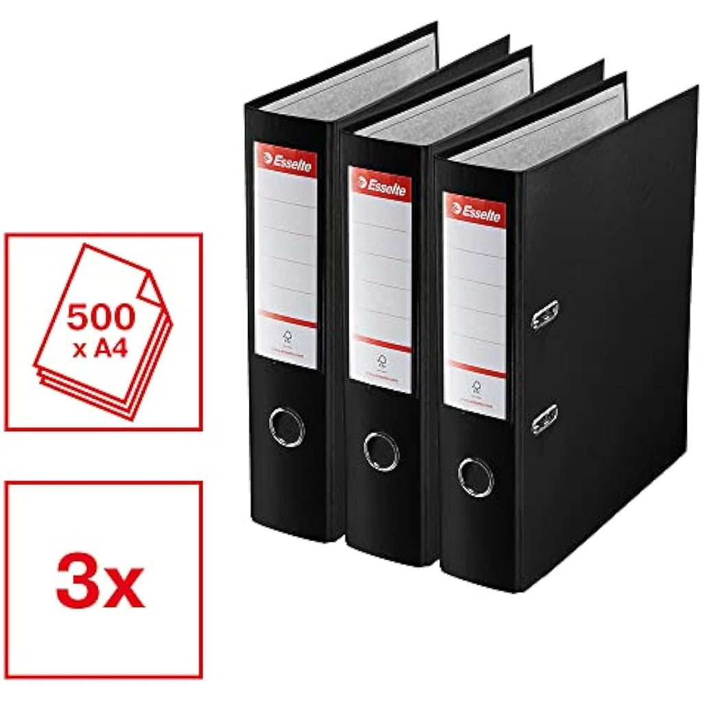 Esselte A4 Lever Arch File | 3-Pack Durable Plastic Ring Binder - Black