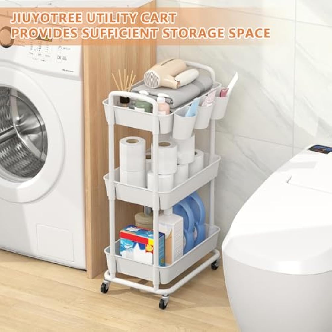 JIUYOTREE 3-Tier Rolling Utility Cart with Handles and Locking Wheels - White