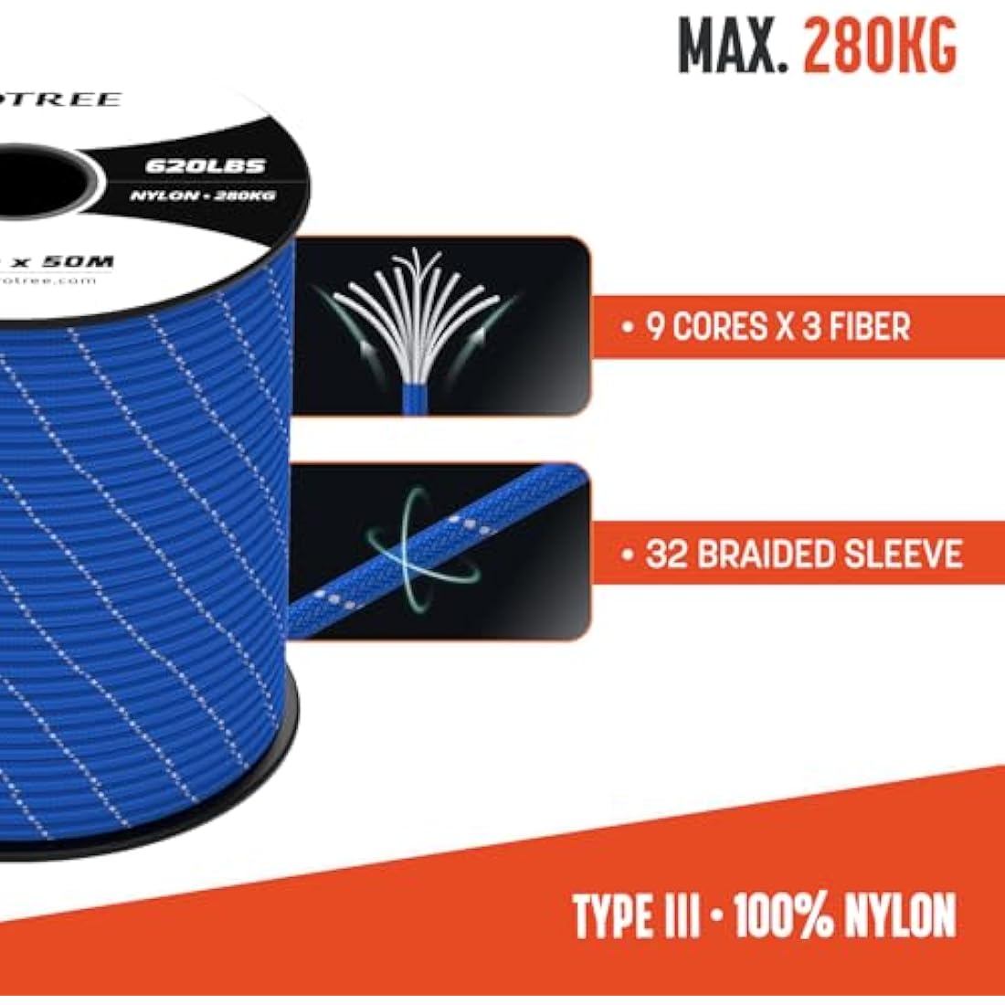 Brotree 4mm 9-Strand Nylon Paracord – 100M Reflective Parachute Cord