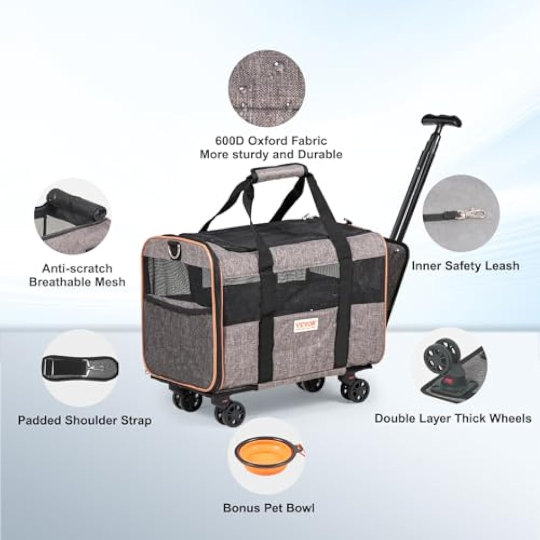 VEVOR Rolling Cat Carrier - Airline Approved Wheeled Pet Bag, Grey