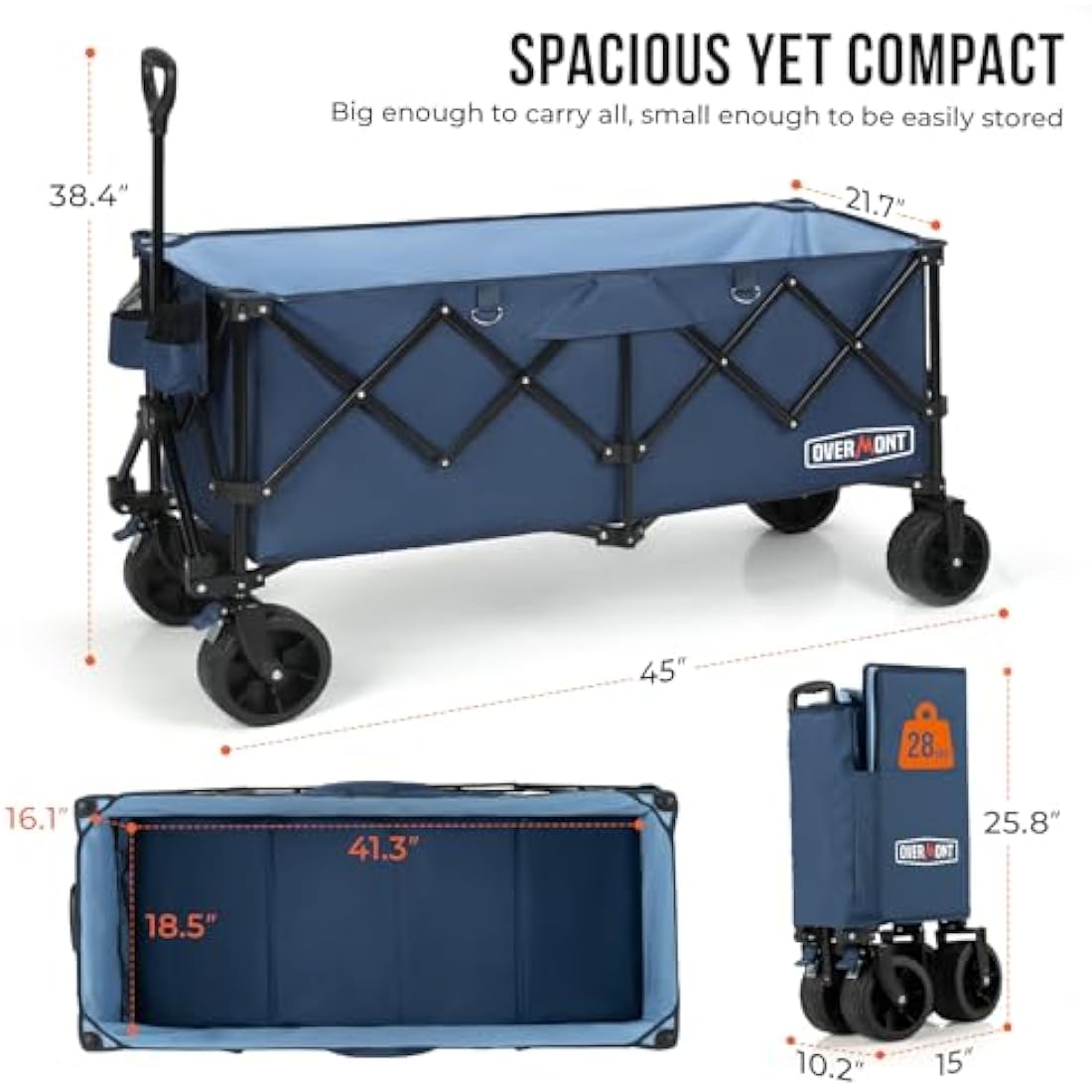 Overmont 300L Folding Wagon – Heavy Duty All-Terrain Beach Cart, Blue