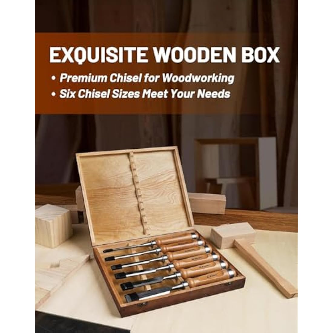 EZARC 6pc Wood Chisel Set – CRV Steel Woodworking Tools with Wooden Box