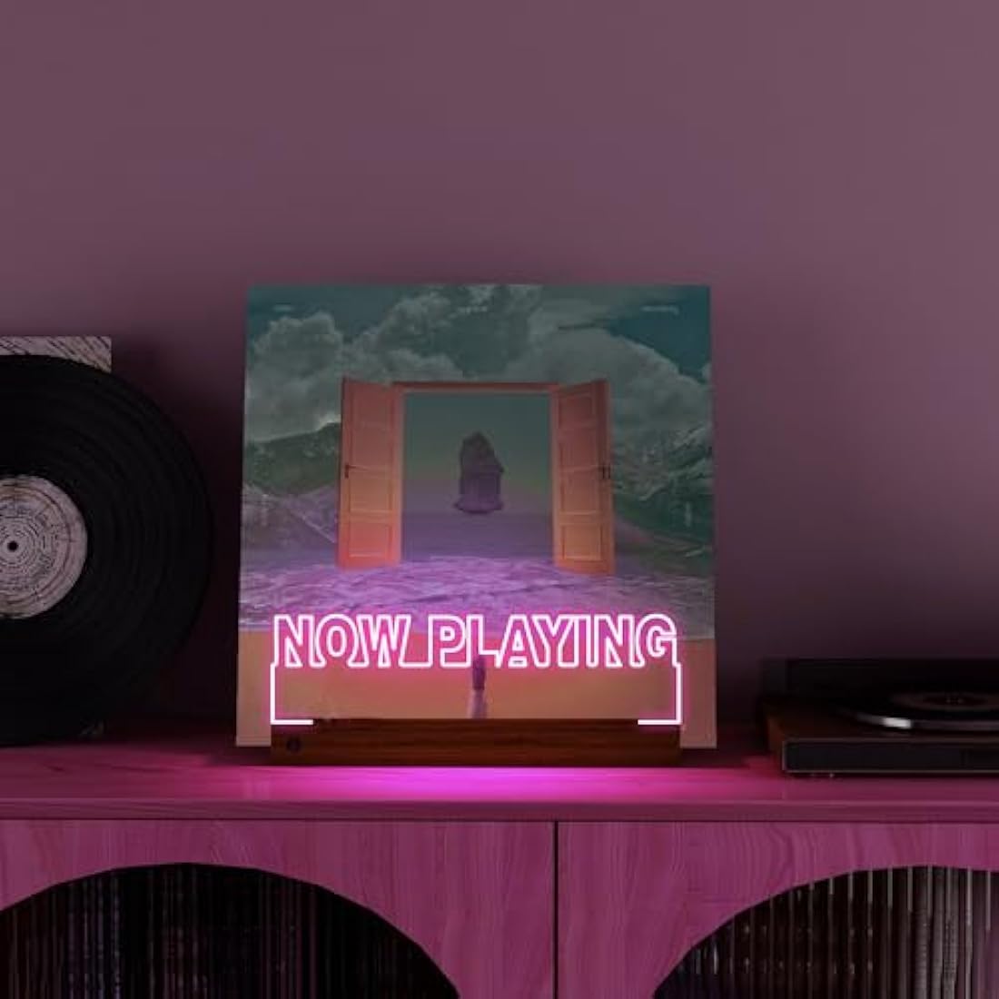 LED Now Playing Vinyl Record Stand – Wooden Album Holder