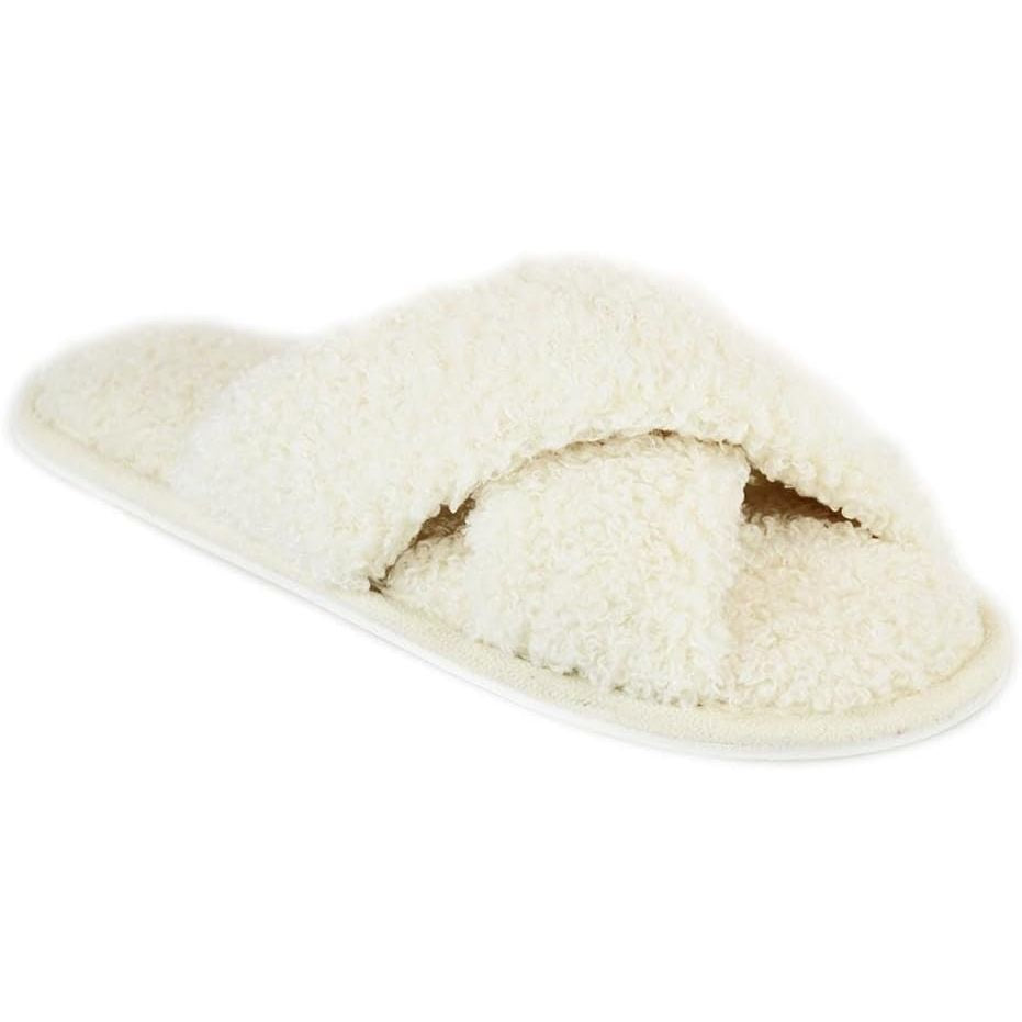 NING Ladies Faux Fur Crossover Slippers – Memory Foam House Shoes, Beige