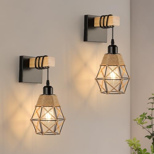 FORCOSO Industrial Wood Wall Sconce 2-Pack – Vintage E27 Indoor Lights