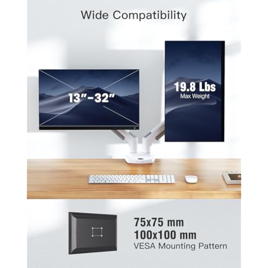 HUANUO White Dual Monitor Arm | Gas Spring Desk Mount for 13-32" Screens