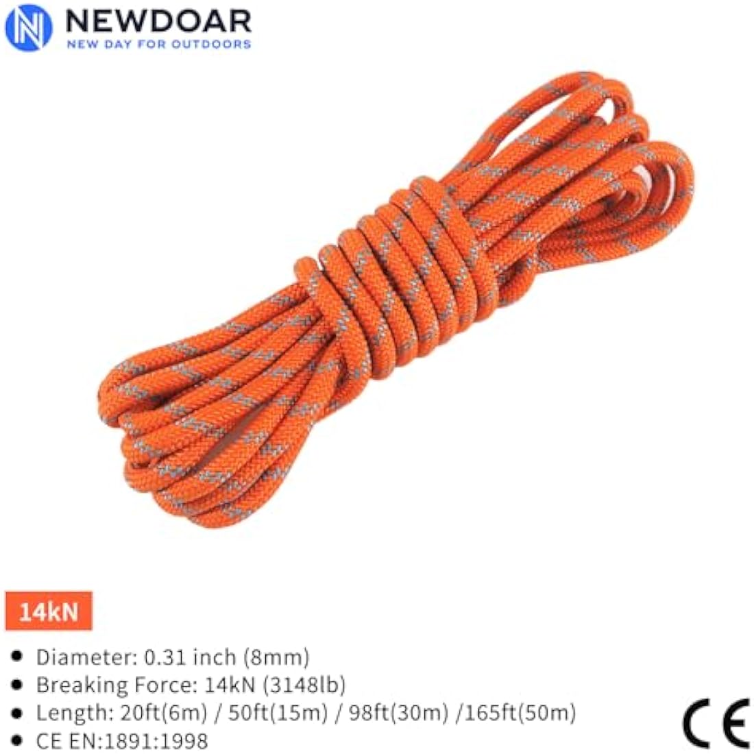 NewDoar 10mm Static Accessory Cord – 18KN High Strength Double Braid Rope