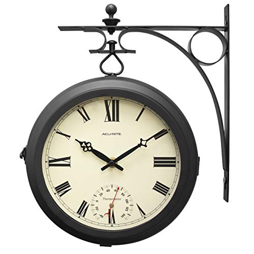 AcuRite Double-Sided Outdoor Wall Clock with Thermometer – Black Iron