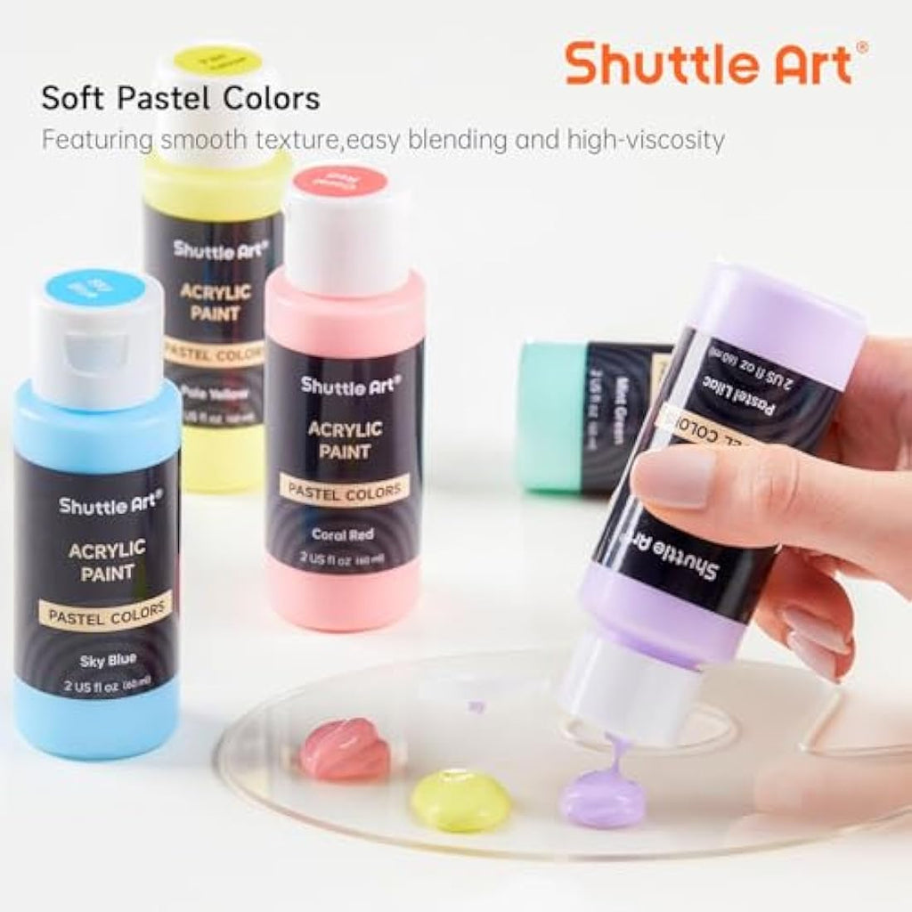 Shuttle Art Pastel Acrylic Paint Set - 30 Colors & 10 Brushes for Canvas