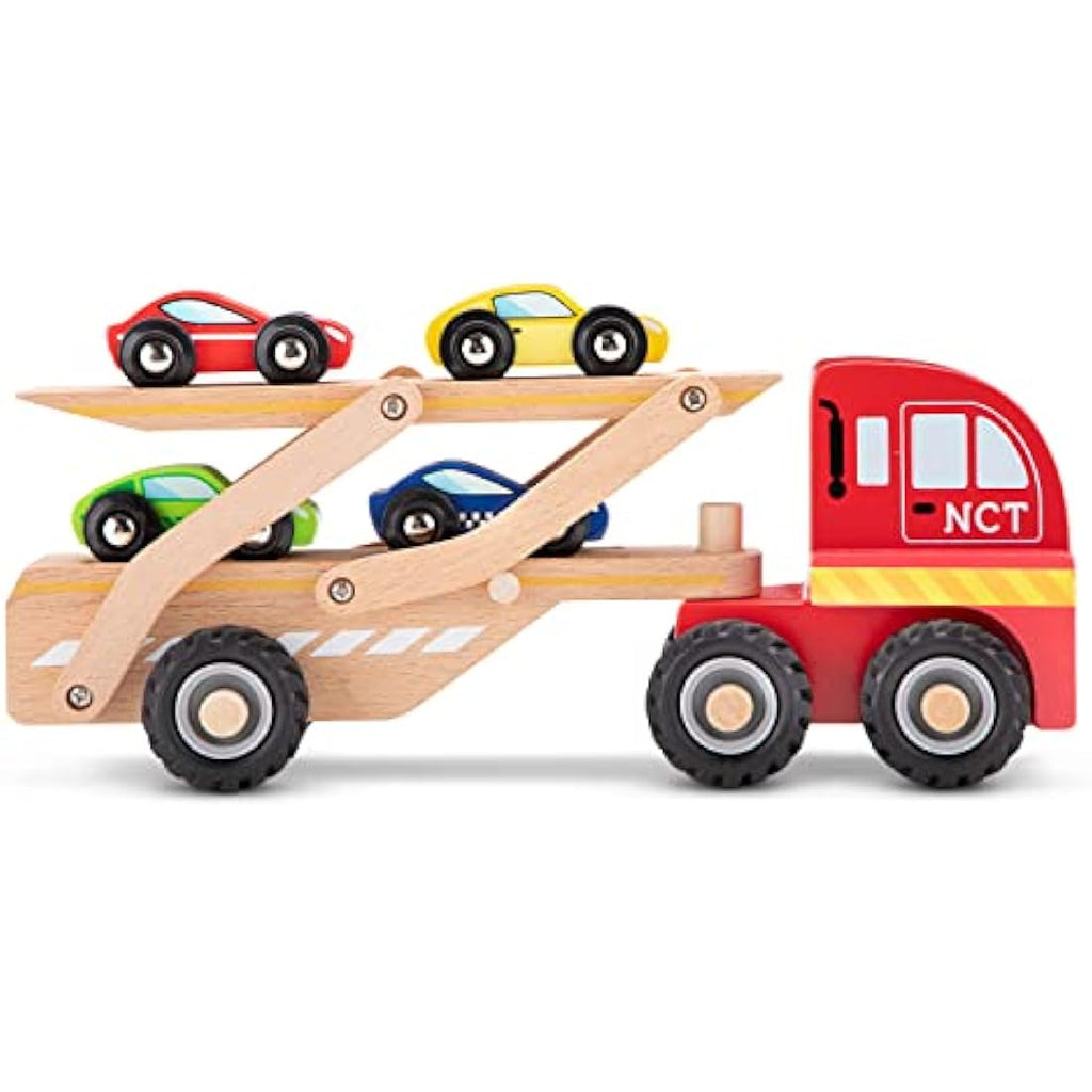 New Classic Toys Wooden Car Transporter - Montessori Toy with 4 Cars