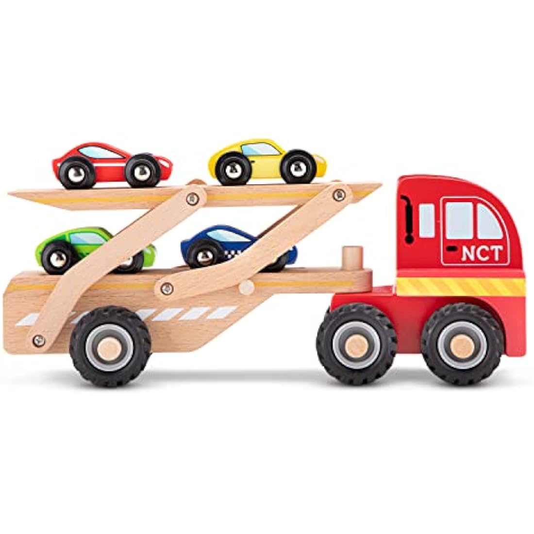 New Classic Toys Wooden Car Transporter - Montessori Toy with 4 Cars