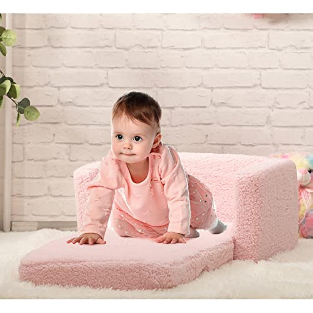BEJOY Kids 2-in-1 Flip Out Toddler Sofa – Sherpa Convertible Lounger, Pink