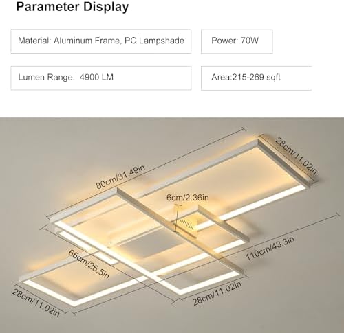 JIINOO Modern Square LED Ceiling Light | 110cm Dimmable Flush Mount – 70W